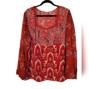 3X Faded Glory Peasant Red White Paisley Boho Blouse